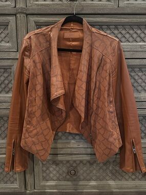 Blank NYC Cognac Brown Faux Leather Drape Jacket